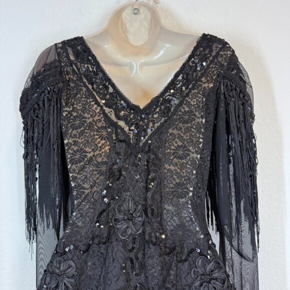 Vintage Black Beaded Fringe Gown Lace Ruched Sequin Cocktail Whimsigoth Dress M - Picture 5 of 17